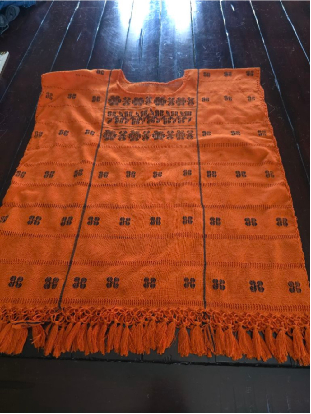 Women's Authentic Handmade Woven Huipil, Orange with Black Embroidery One Size